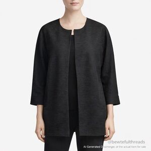 Eileen Fisher M Black Textured Open Jacket Minimalist Dolman